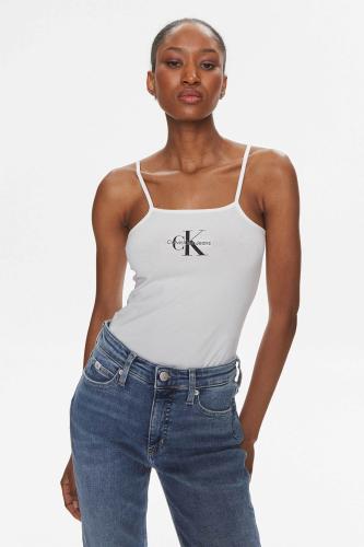CK Jeans γυναικείο κορμάκι μονόχρωμο βαμβακερό με logo μπροστά - J20J223421 Λευκό